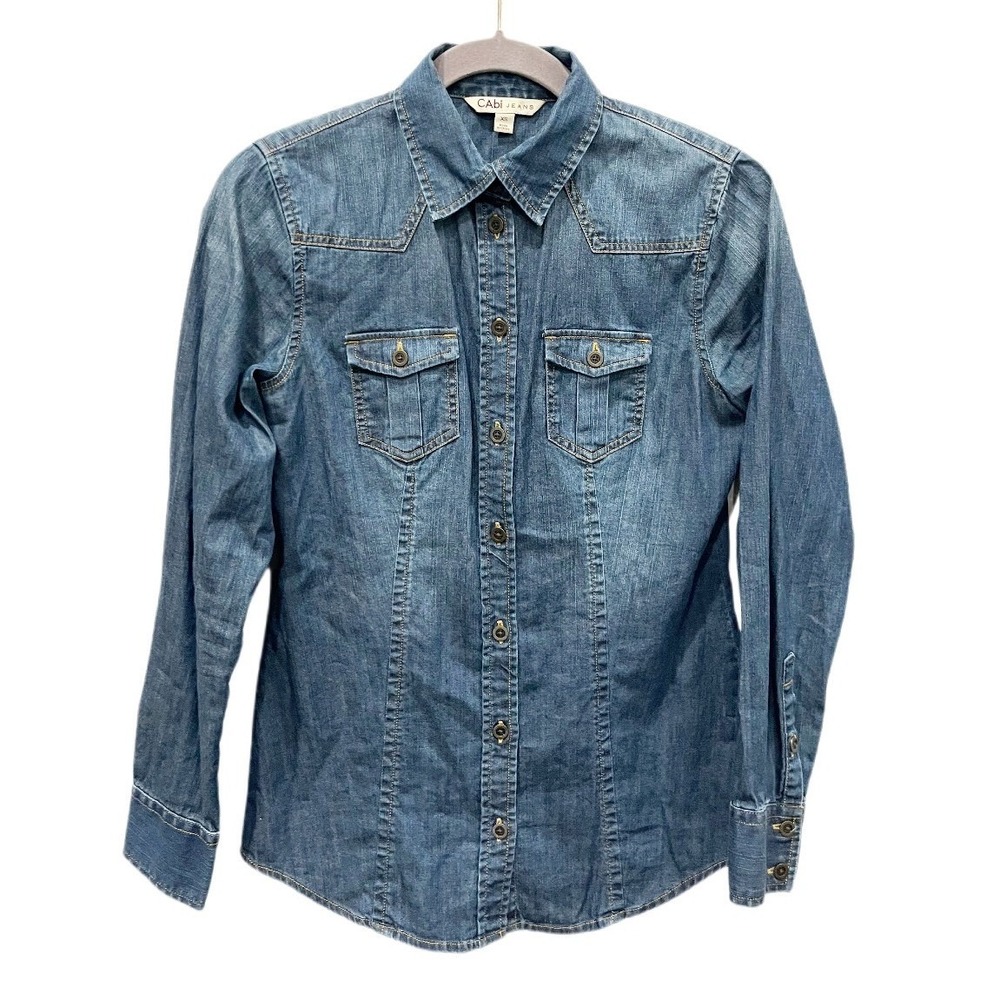 CAbi Western Long Sleeve Denim Button Down Shirt Size XS 100% Cotton Country 970
